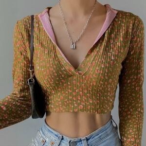 Free People Pink and Green Floral Crop Top